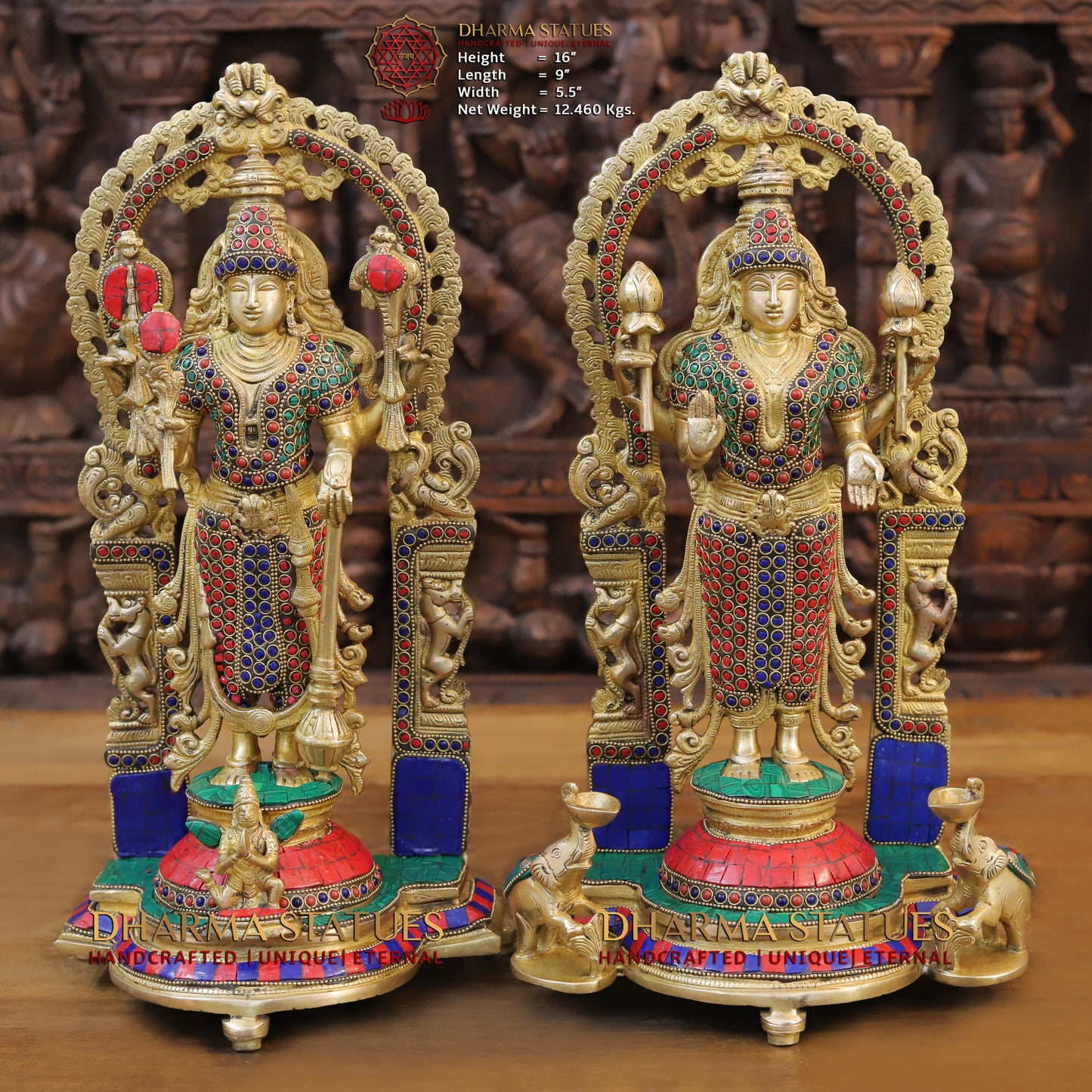 Brass Tirupati Balaji and Goddess Lakshmi, Golden and Stone Work 16"