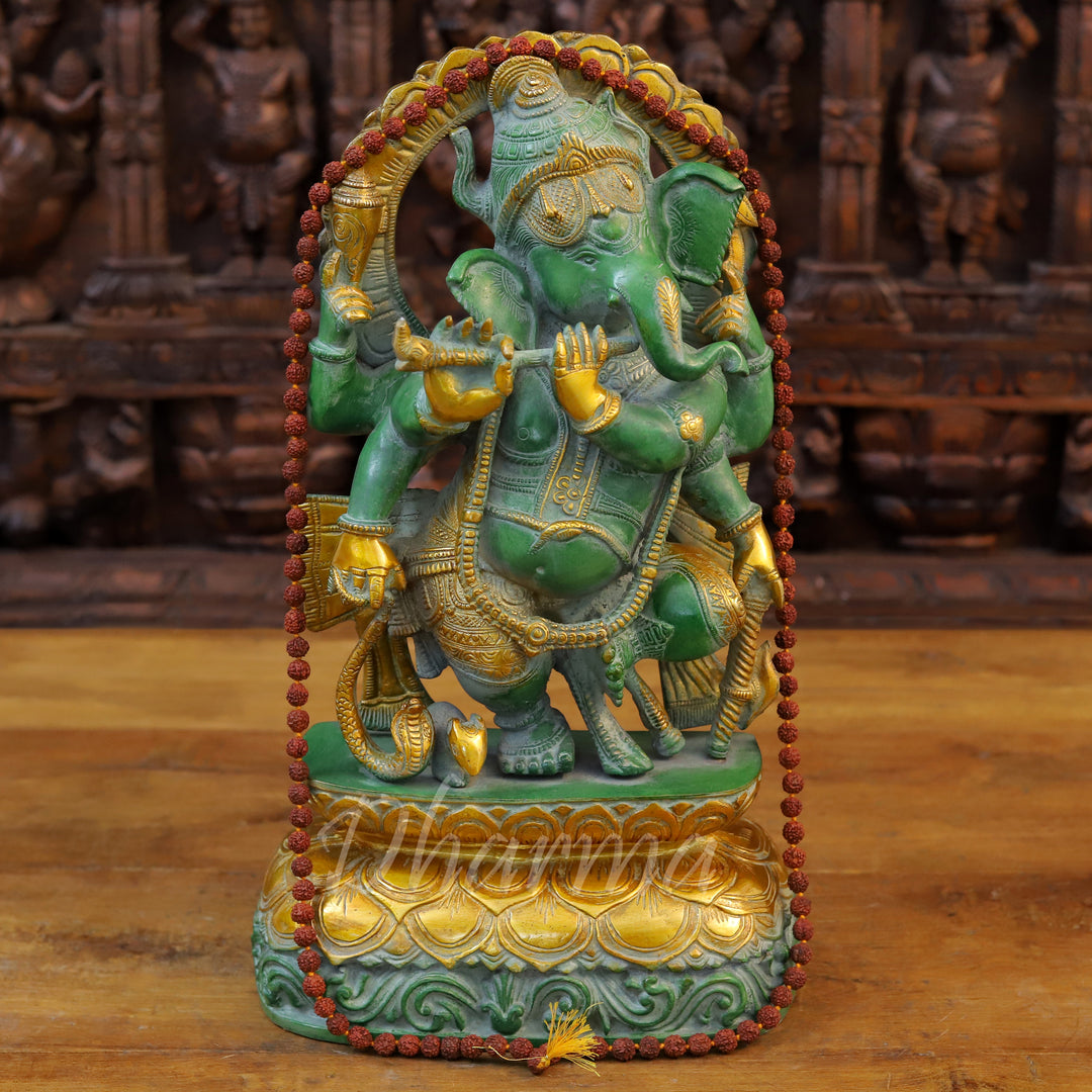 Brass Ganesh Playing Flute, Green Patina and Golden Finish 17"