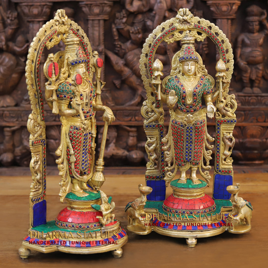 Brass Vishnu and Laxmi Standing, Stone Work 16"