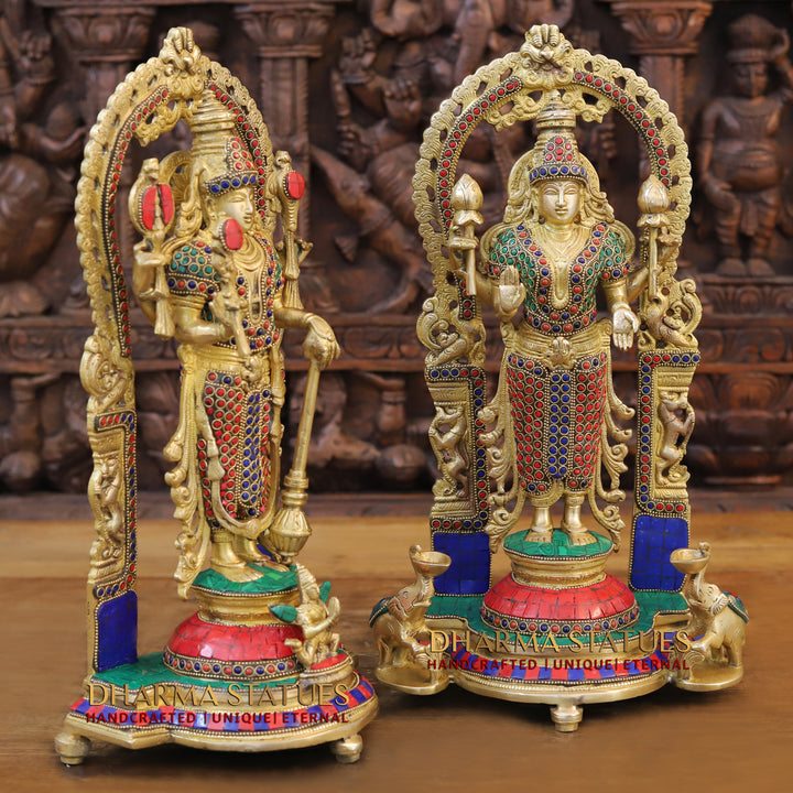 Brass Lakshmi Vishnu Statue in Mahayaksh Frame – Adorned with Semi-Precious Stones, 16"