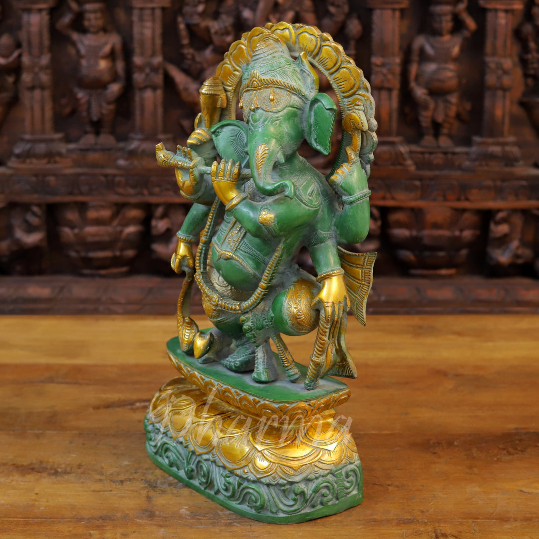 Brass Ganesh Idol, Green Patina and Golden Finish 17" side view