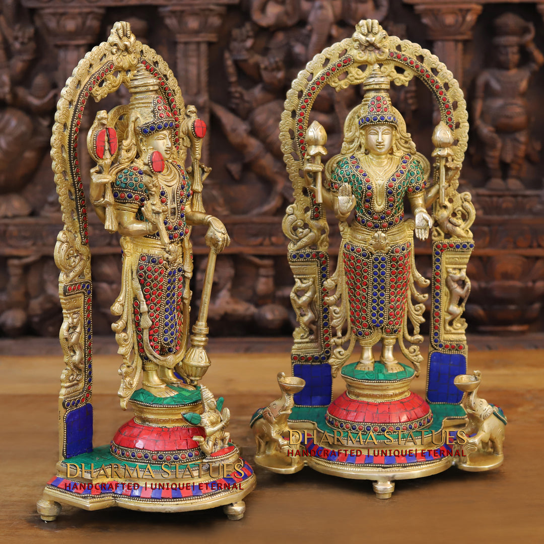 Brass Lakshmi Vishnu Statue in Mahayaksh Frame – Adorned with Semi-Precious Stones, 16"