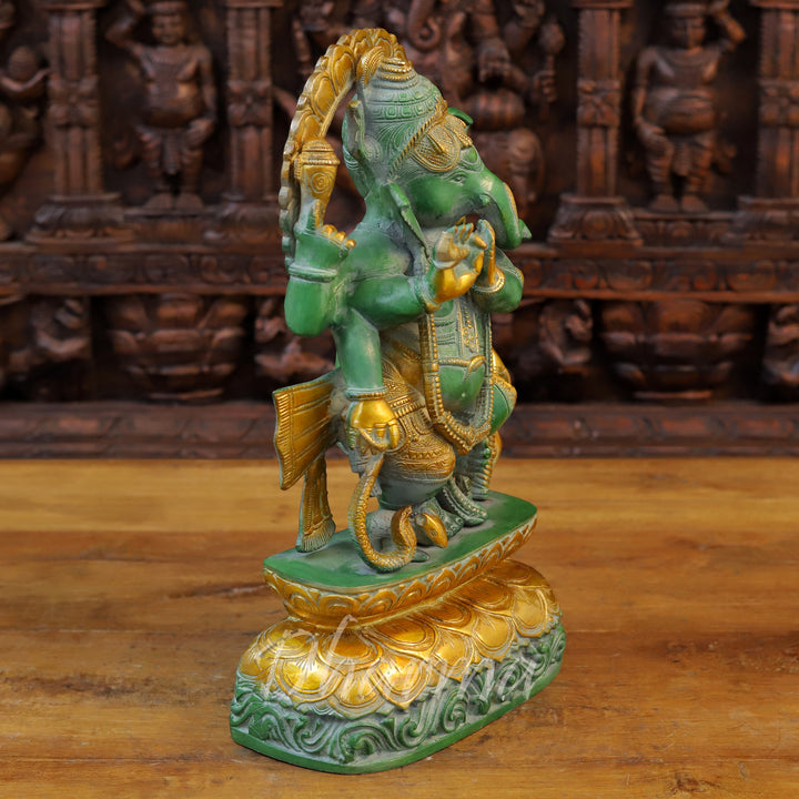 Brass Ganesh Idol, Green Patina and Golden Finish 17" side view