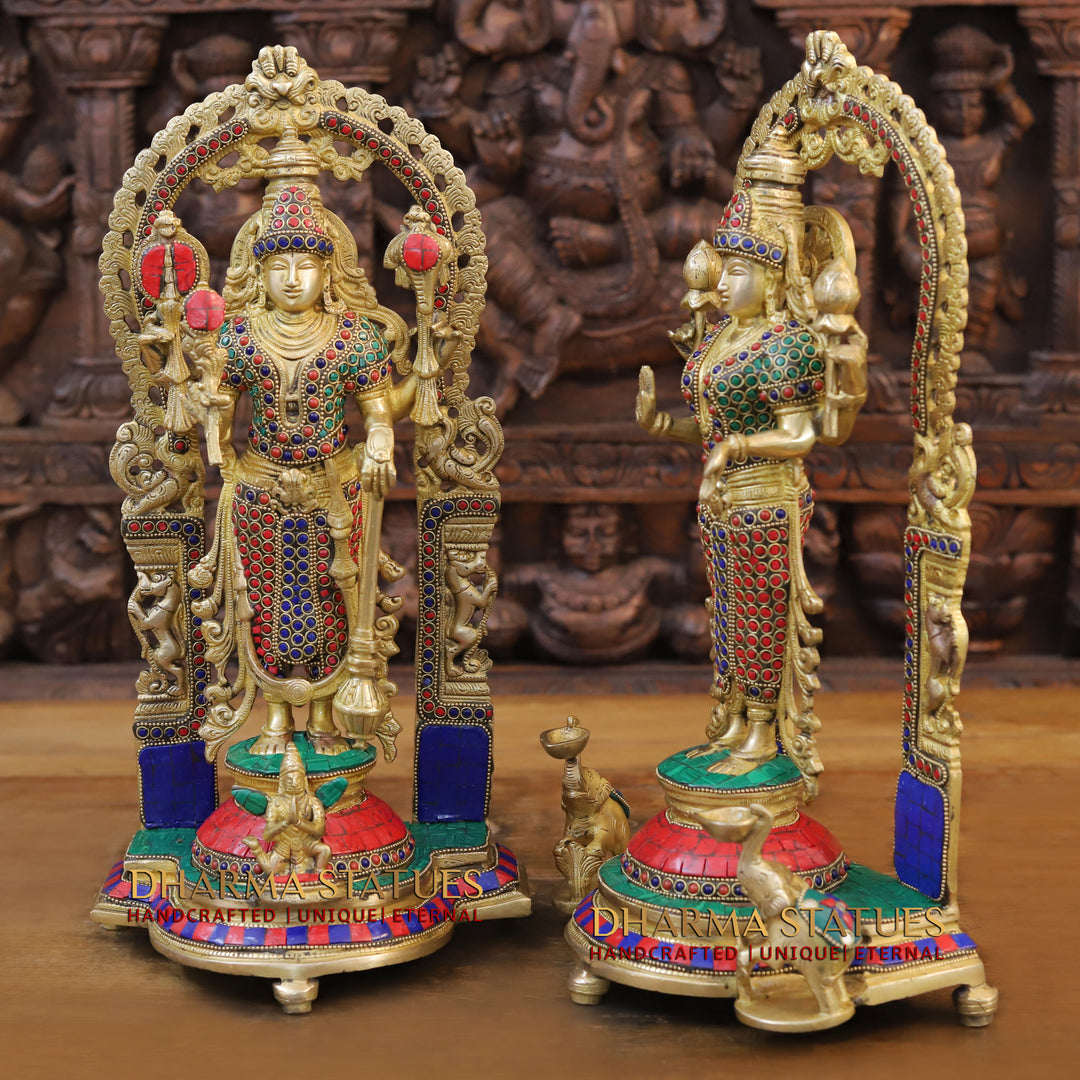 Brass Lakshmi Vishnu Statue in Mahayaksh Frame – Adorned with Semi-Precious Stones, 16"