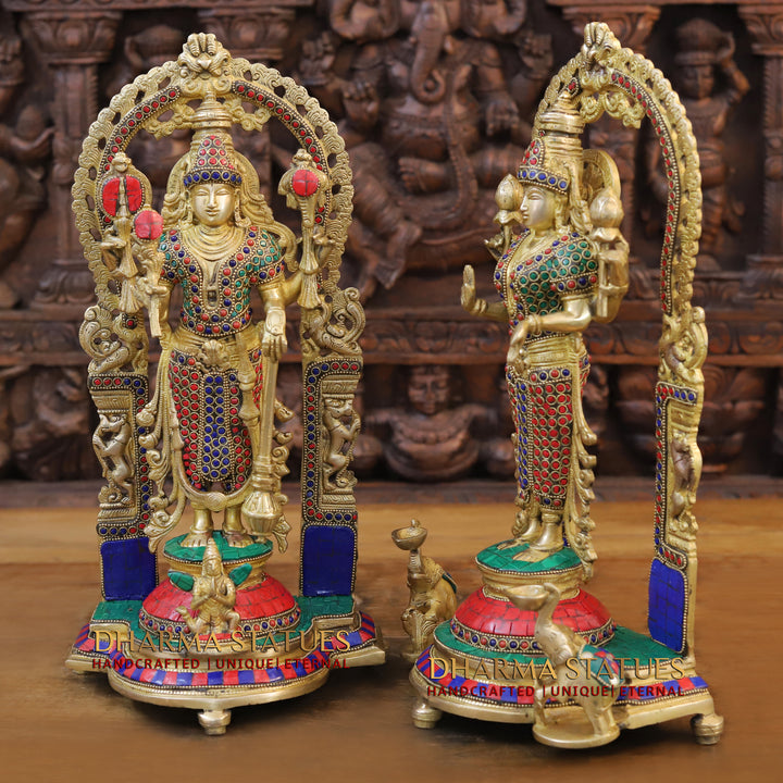 Brass Lakshmi Vishnu Statue in Mahayaksh Frame – Adorned with Semi-Precious Stones, 16"