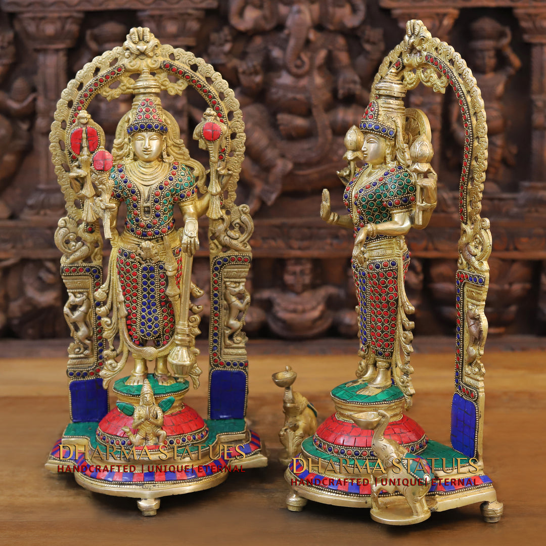 Brass Lakshmi Vishnu Statue in Mahayaksh Frame – Adorned with Semi-Precious Stones, 16"