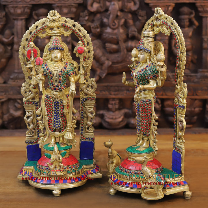 Brass Vishnu and Laxmi Standing, Stone Work 16"