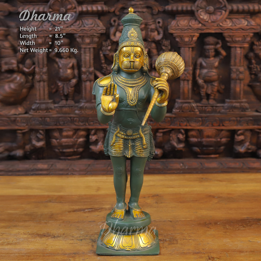 Brass Hanuman Idol, Standing on a Lotus, Green patina & Golden work 21" Front View