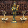 Brass Hanuman Idol, Standing on a Lotus, Green Patina & Golden Finish 21"