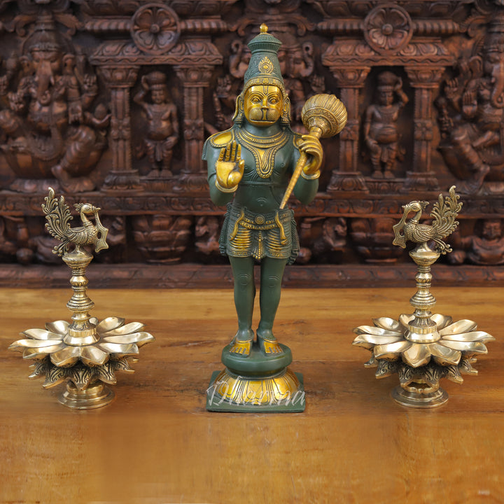 Brass Hanuman Idol, Standing on a Lotus, Green Patina & Golden Finish 21"