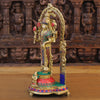 Brass Vishnu Statue in Ornate Frame with Hanuman and Stone Inlay, Gold Finish 16"