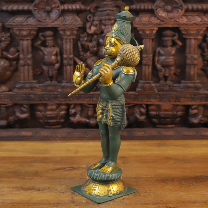 Brass Hanuman Idol, Standing on a Lotus, Green Patina & Golden Finish 21"