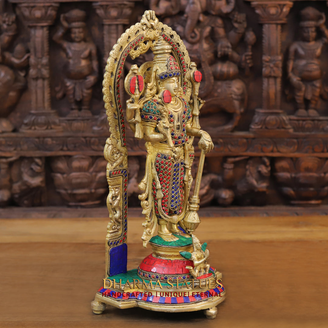 Brass Vishnu Standing With Frame,Stone work 16"