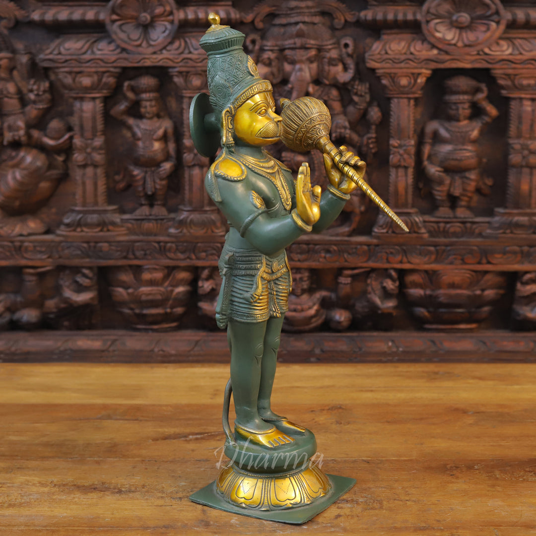 Brass Hanuman Idol, Standing on a Lotus, Green patina & Golden work 21"