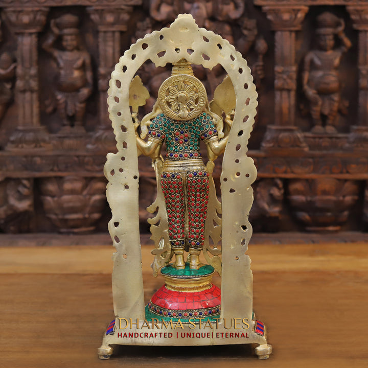 Brass Vishnu Standing With Frame,Stone work 16"