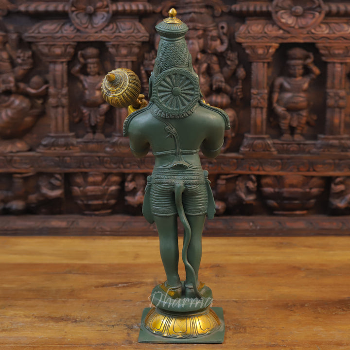 Brass Hanuman Idol, Standing on a Lotus, Green patina & Golden work 21"