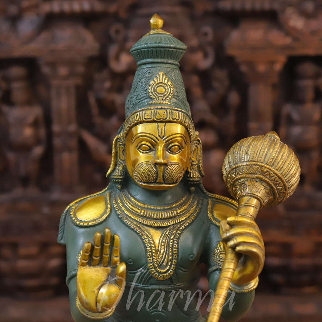 Brass Hanuman Idol, Standing on a Lotus, Green patina & Golden work 21"