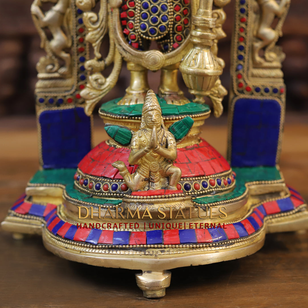 Brass Lakshmi & Vishnu Statue in Mahayaksh Frame, Adorned with Semi-Precious Stones, 16"