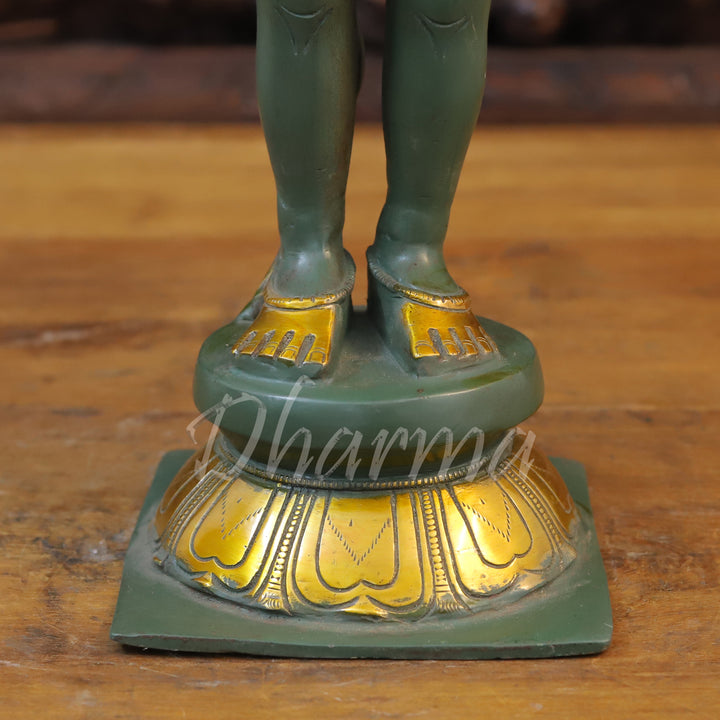 Brass Hanuman Idol, Standing on a Lotus, Green Patina & Golden Finish 21"