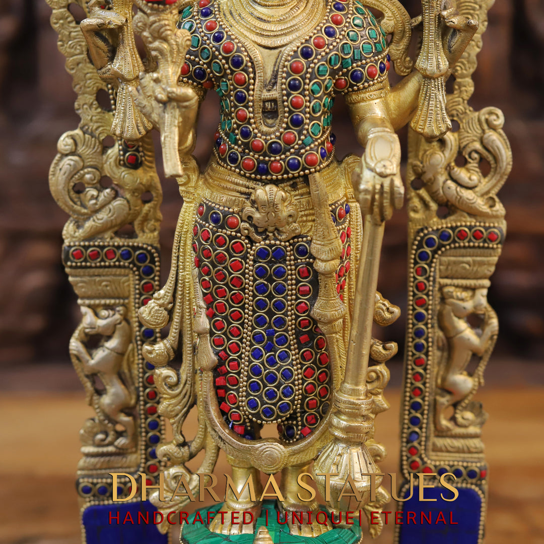 Brass Lakshmi & Vishnu Statue in Mahayaksh Frame, Adorned with Semi-Precious Stones, 16"