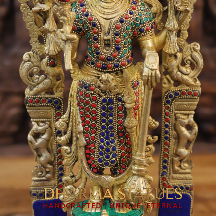 Brass Lakshmi Vishnu Statue in Mahayaksh Frame – Adorned with Semi-Precious Stones, 16"