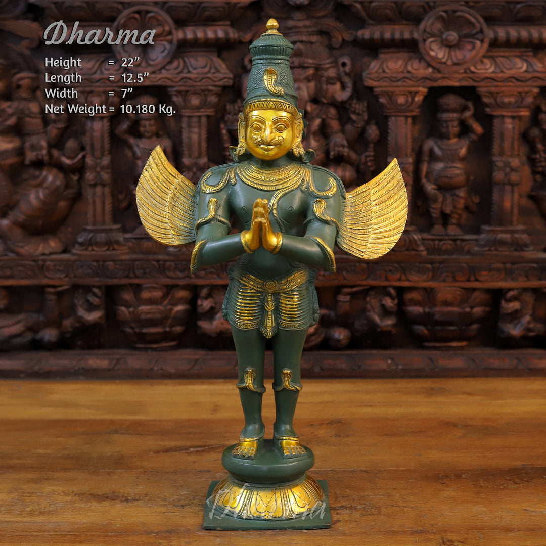 Brass Garuda Idol, Namaskar Position, Green Patina & Golden Finish 22" front view