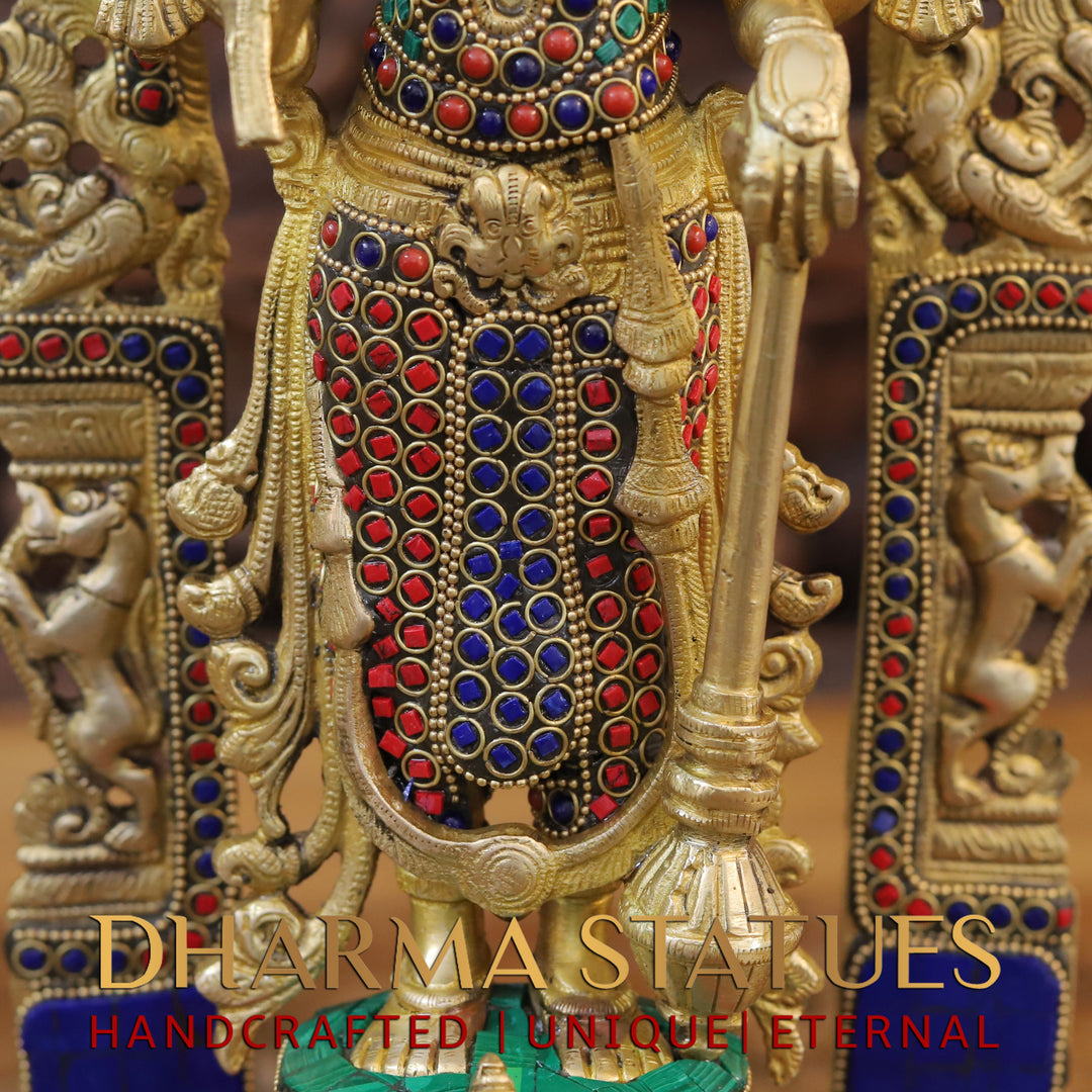 Brass Vishnu Standing With Frame,Stone work 16"