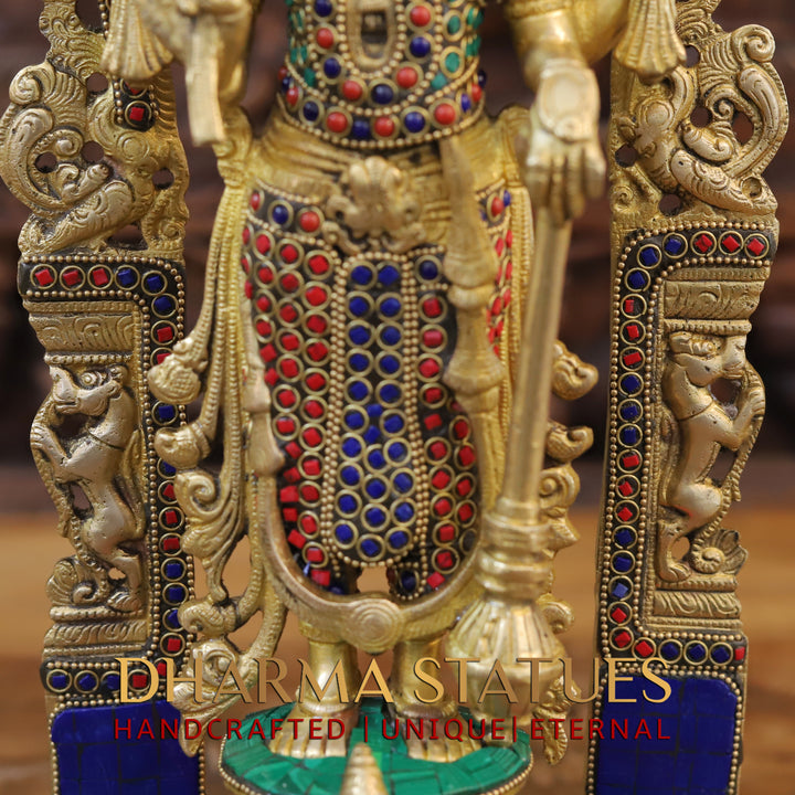 Brass Vishnu Standing With Frame,Stone work 16"