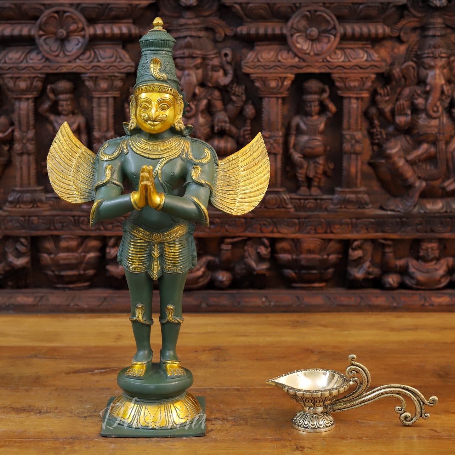 Brass Garuda Idol, Namaskar Position, Green Patina with Golden Finish 22"