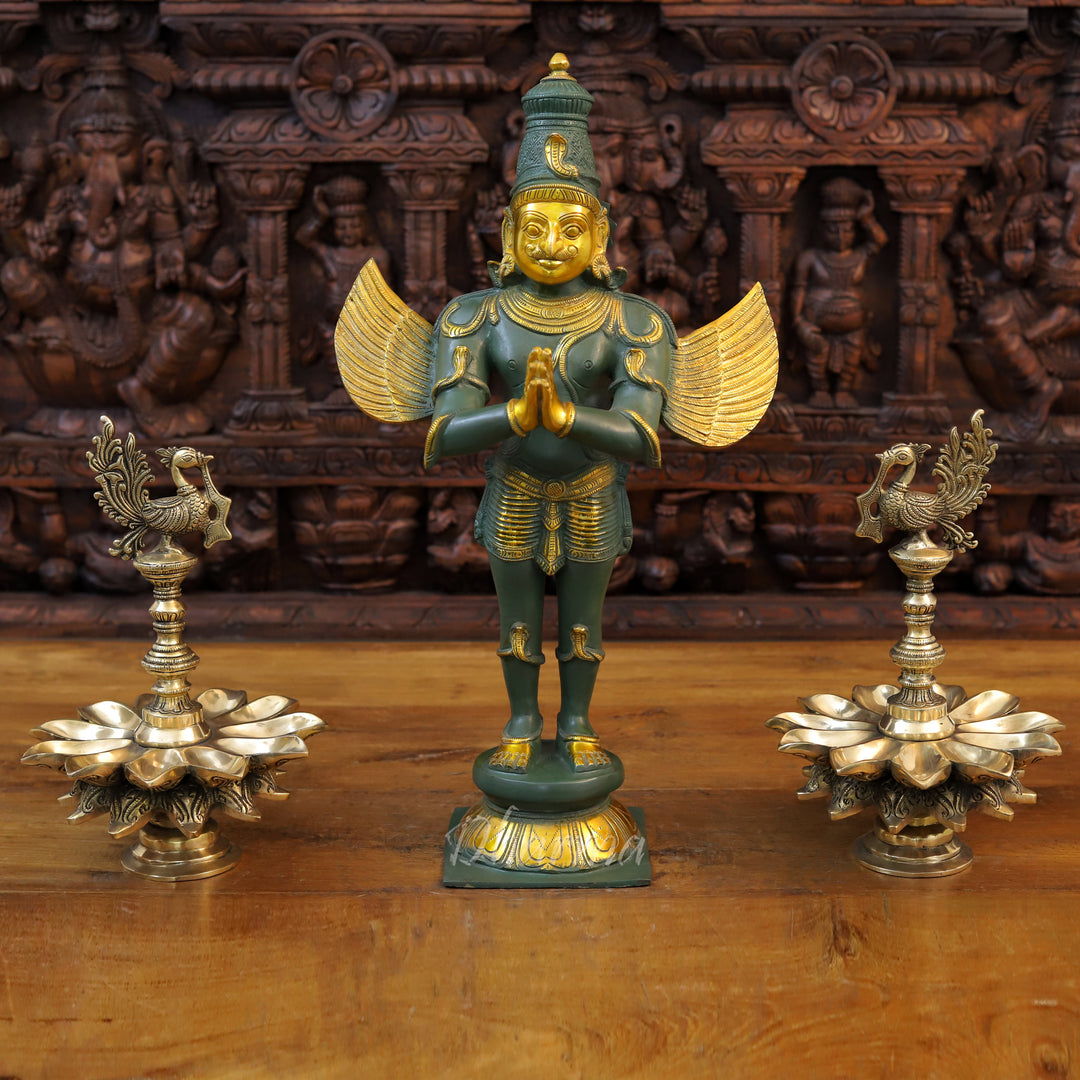 Brass Garuda Idol, Namaskar Position, Green Patina & Golden Finish 22"