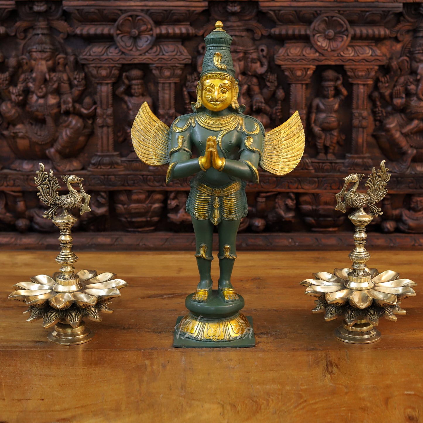 Brass Garuda Idol, Namaskar Position, Green Patina with Golden Finish 22"