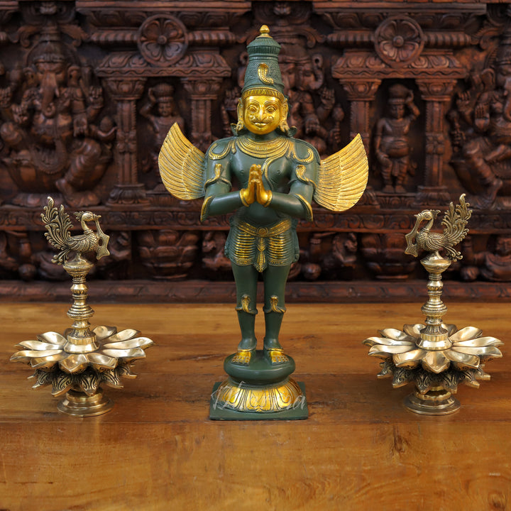 Brass Garuda Idol, Namaskar Position, Green Patina & Golden Finish 22"