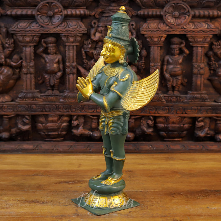 Brass Garuda Idol, Namaskar Position, Green Patina & Golden Finish 22" side view