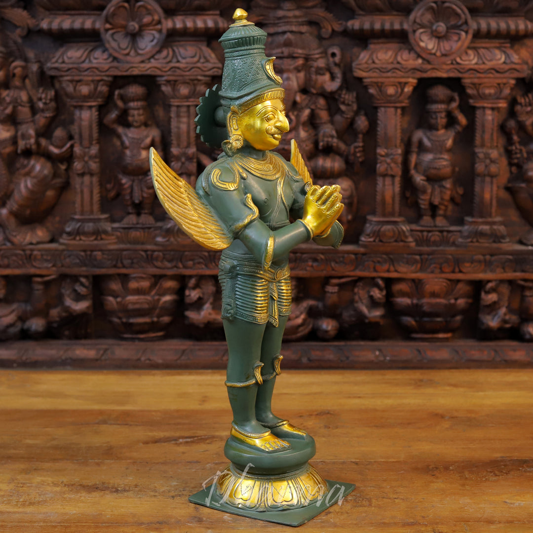 Brass Garuda Idol, Namaskar Position, Green Patina & Golden Finish 22" side view