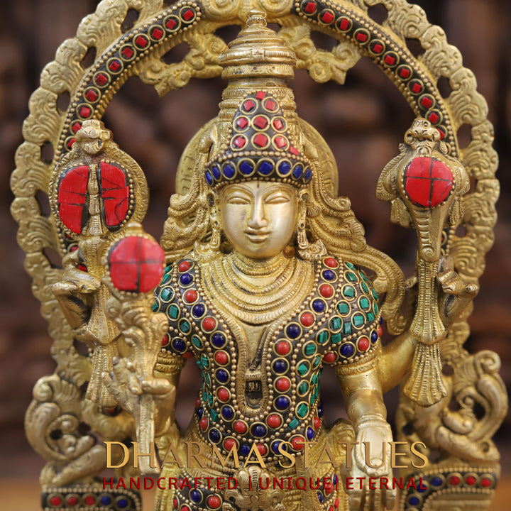 Brass Vishnu Standing With Frame,Stone work 16"