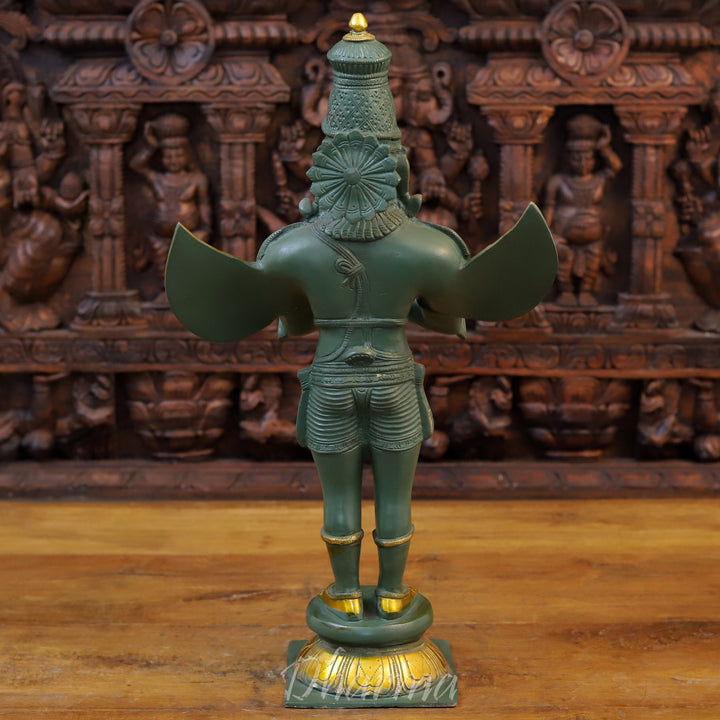 Brass Garuda Idol, Namaskar Position, Green Patina & Golden Finish 22" back view