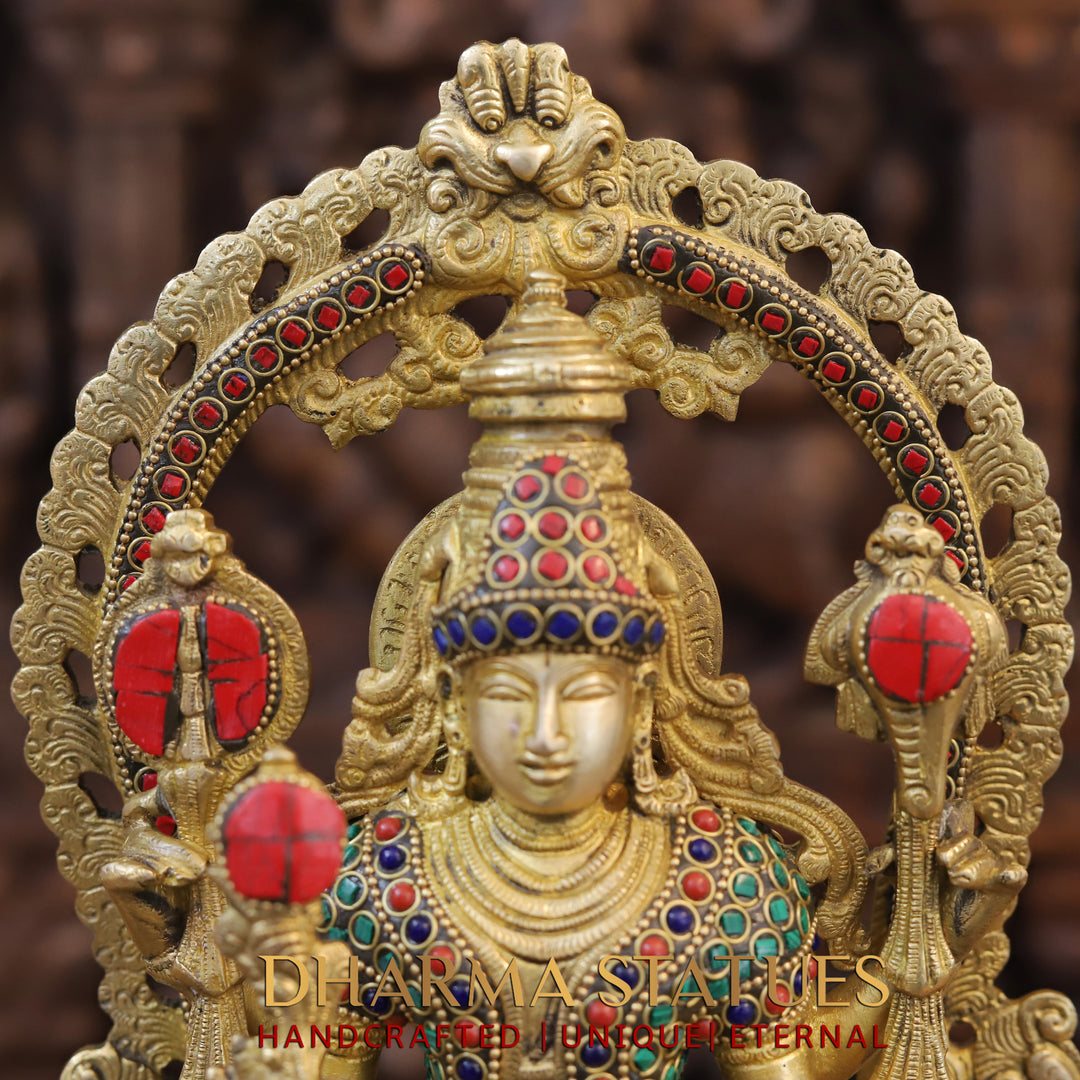 Brass Lakshmi Vishnu Statue in Mahayaksh Frame – Adorned with Semi-Precious Stones, 16"