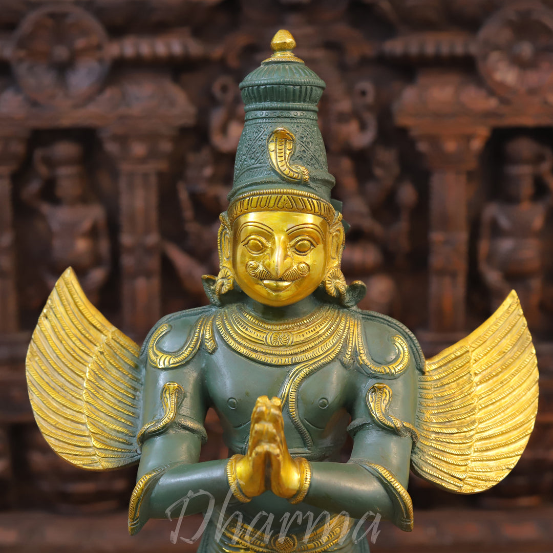 Brass Garuda Idol, Namaskar Position, Green Patina & Golden Finish 22"