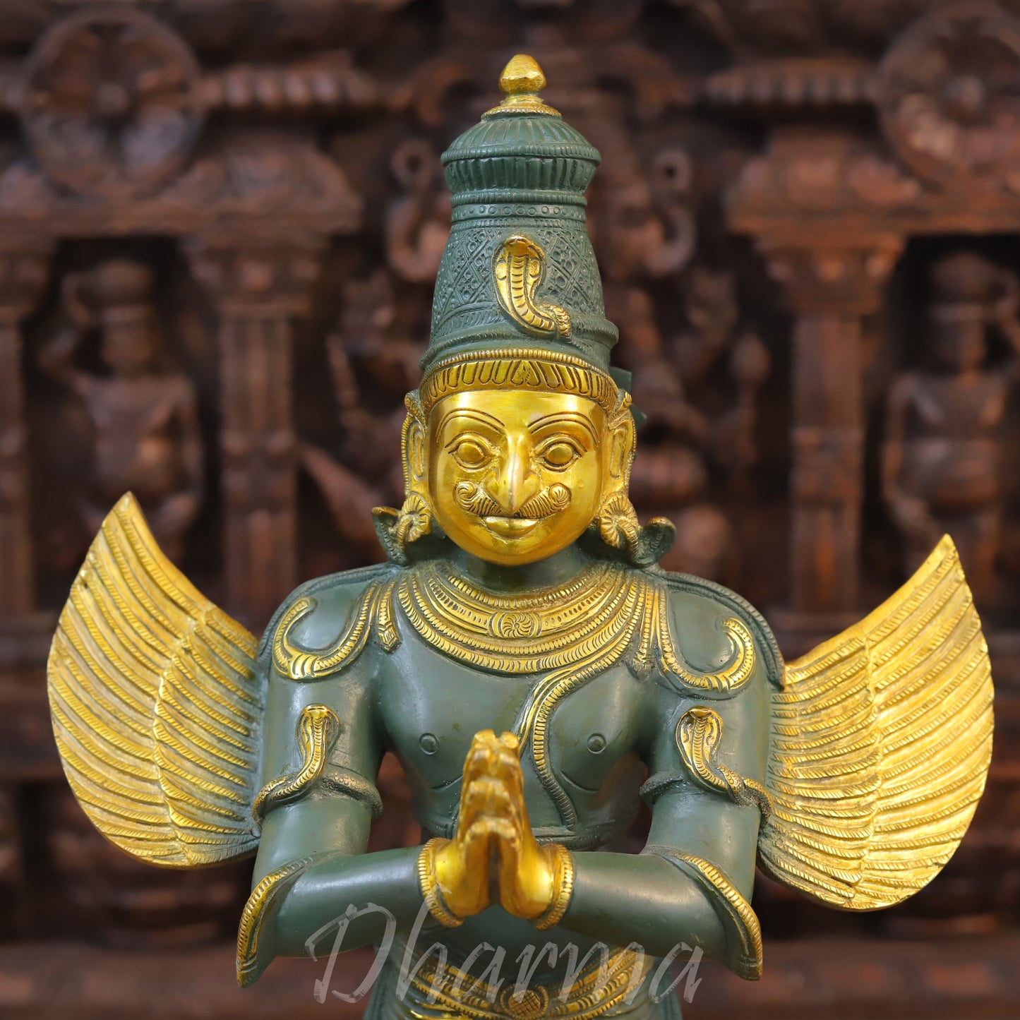 Brass Garuda Idol, Namaskar Position, Green Patina with Golden Finish 22"