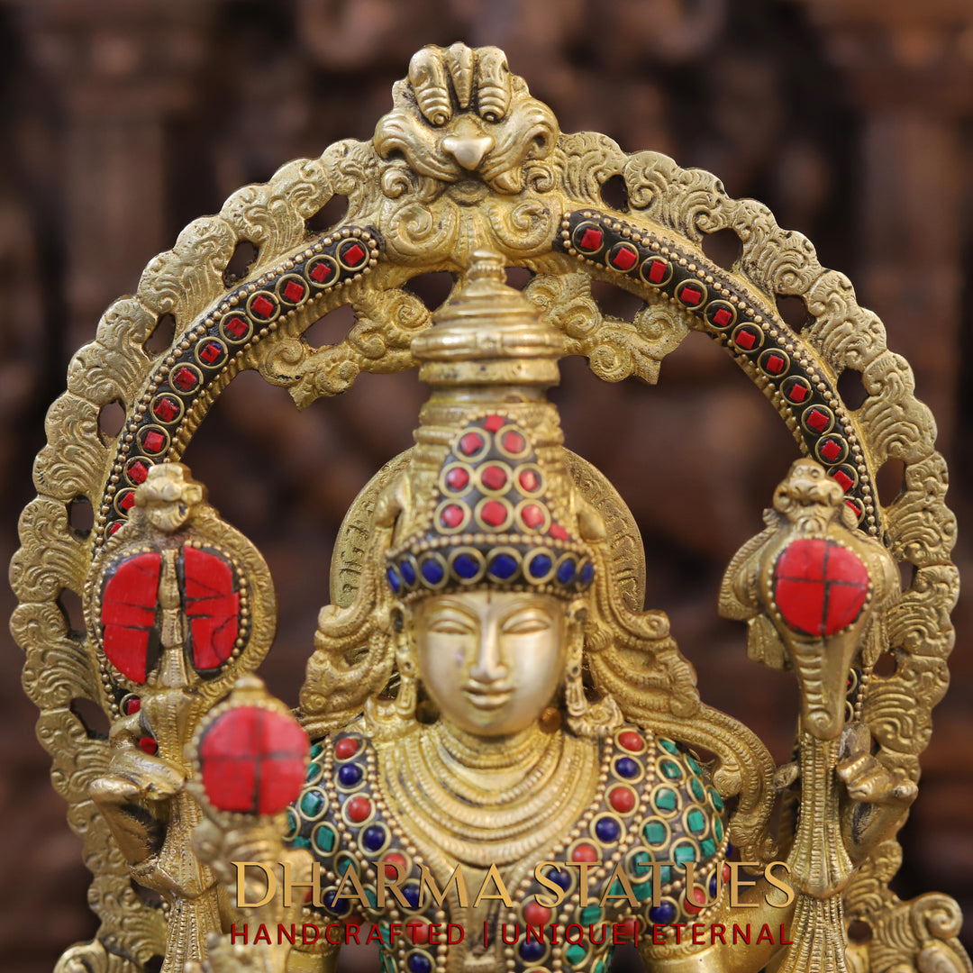 Brass Vishnu Statue in Ornate Frame with Hanuman and Stone Inlay, Gold Finish 16"