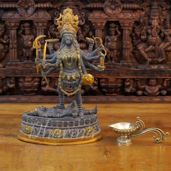 Brass Kali Idol, Standing on Shiva Chest, Black Patina & Golden Finish 20"