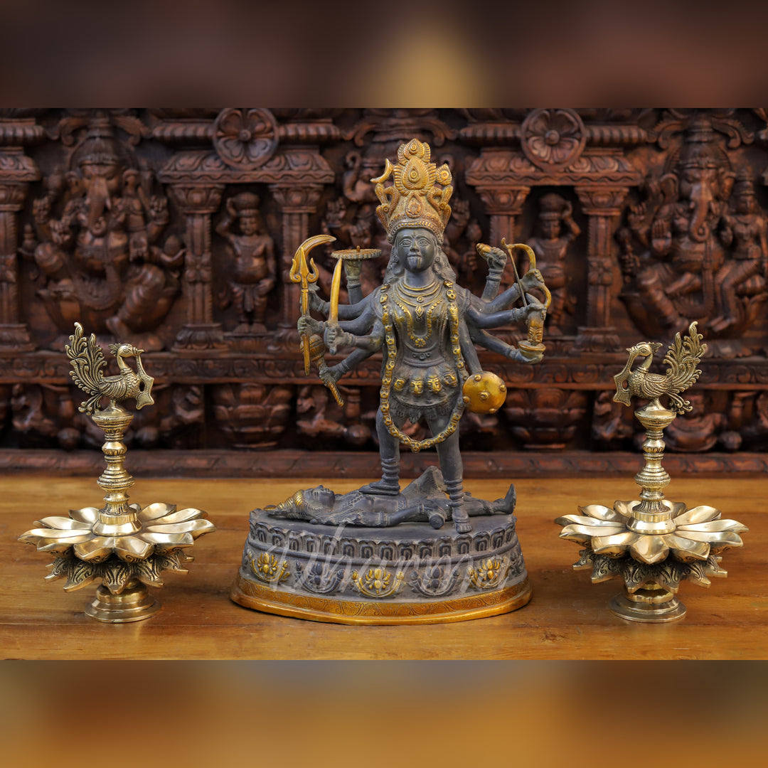 Brass Kali Idol, Standing on Shiva Chest, Black Patina & Golden Finish 20"