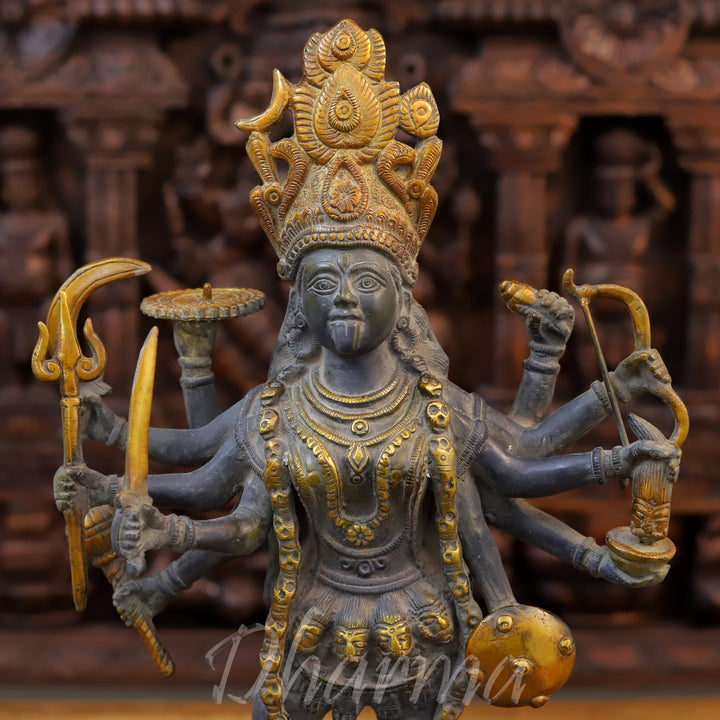 Brass Kali Idol, Standing on Shiva Chest, Black Patina & Golden Finish 20"