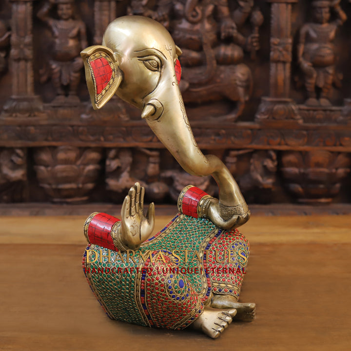 Brass Modern Ganesha, Blessing Posture, Golden and Stone work 14.5"