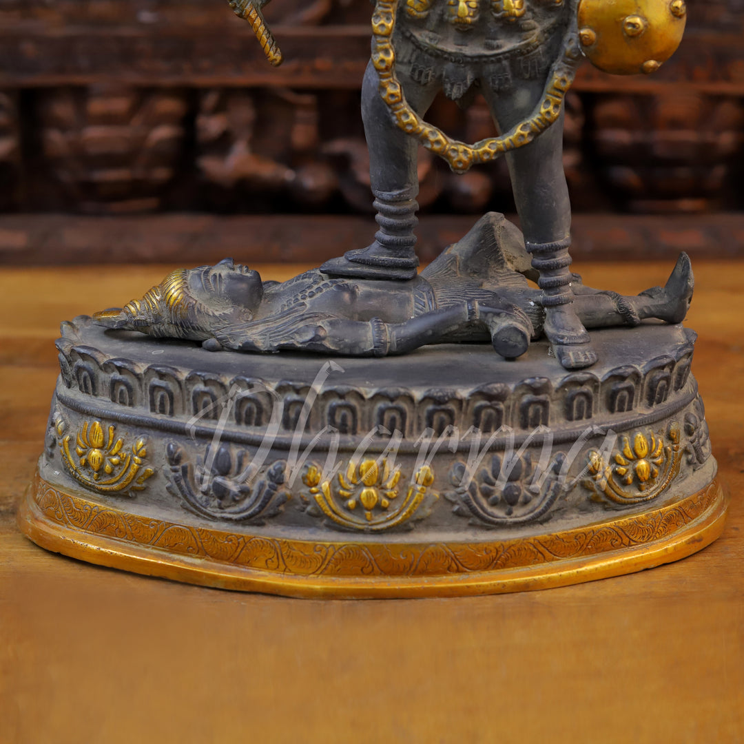 Brass Kali Idol, Standing on Shiva Chest, Black Patina & Golden Finish 20"