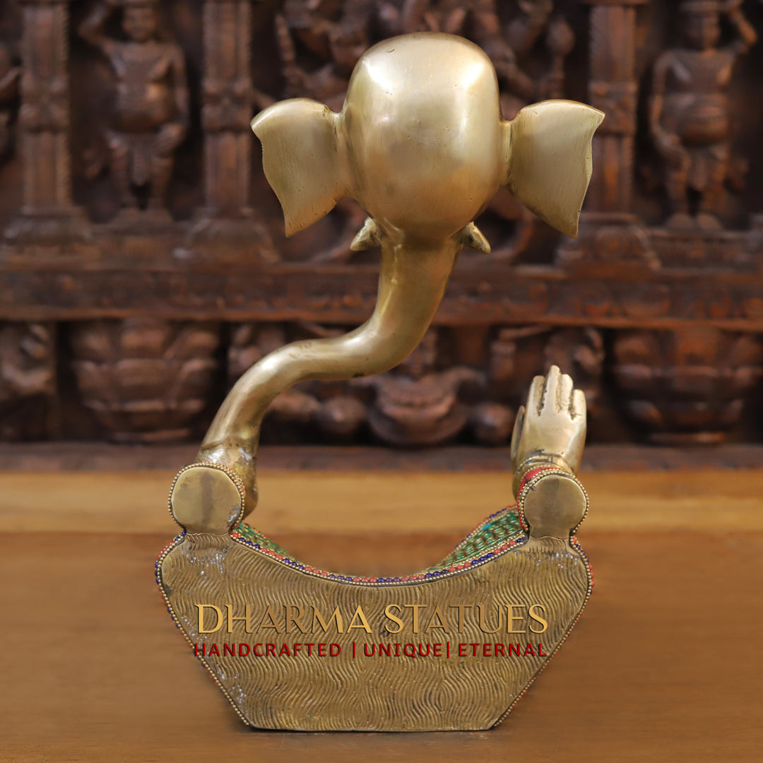 Brass Modern Ganesha, Blessing Posture, Golden and Stone work 14.5"