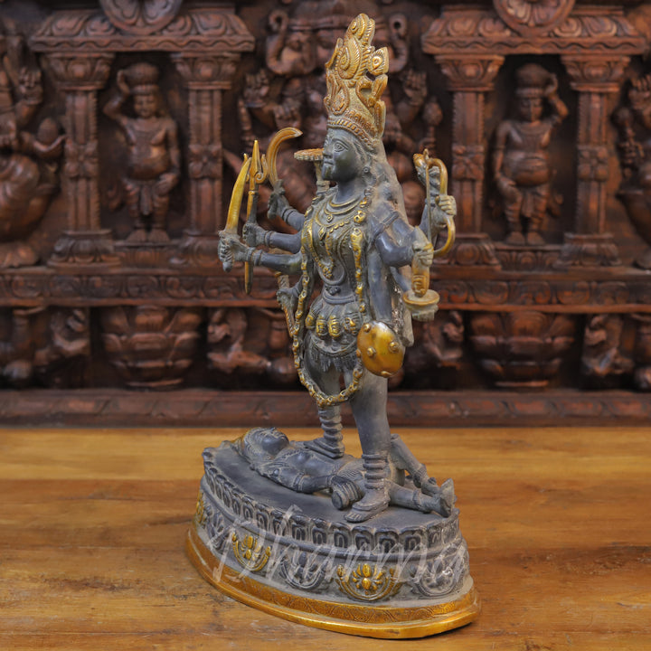 Brass Kali Idol, Standing on Shiva Chest, Black Patina & Golden Finish 20" side view