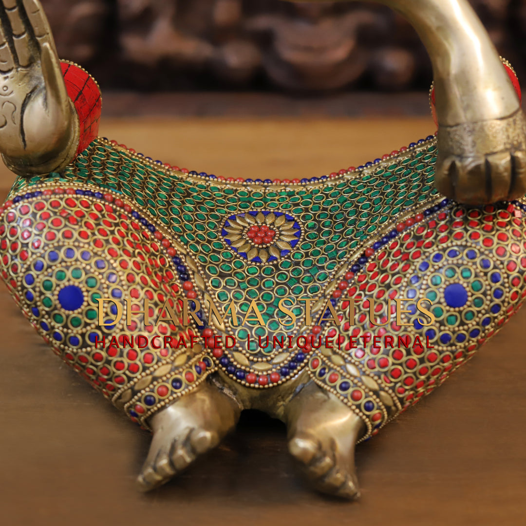 Brass Modern Ganesha, Blessing Posture, Golden and Stone work 14.5"