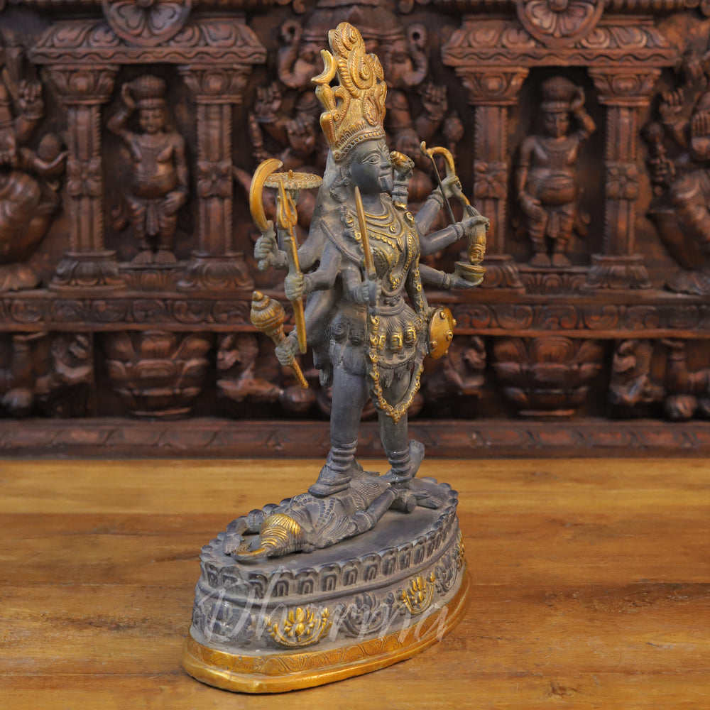 Brass Kali Idol, Standing on Shiva Chest, Black Patina & Golden Finish 20" side view