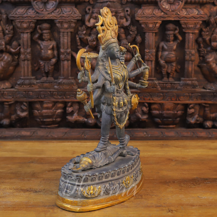 Brass Kali Idol, Standing on Shiva Chest, Black Patina & Golden Finish 20" side view